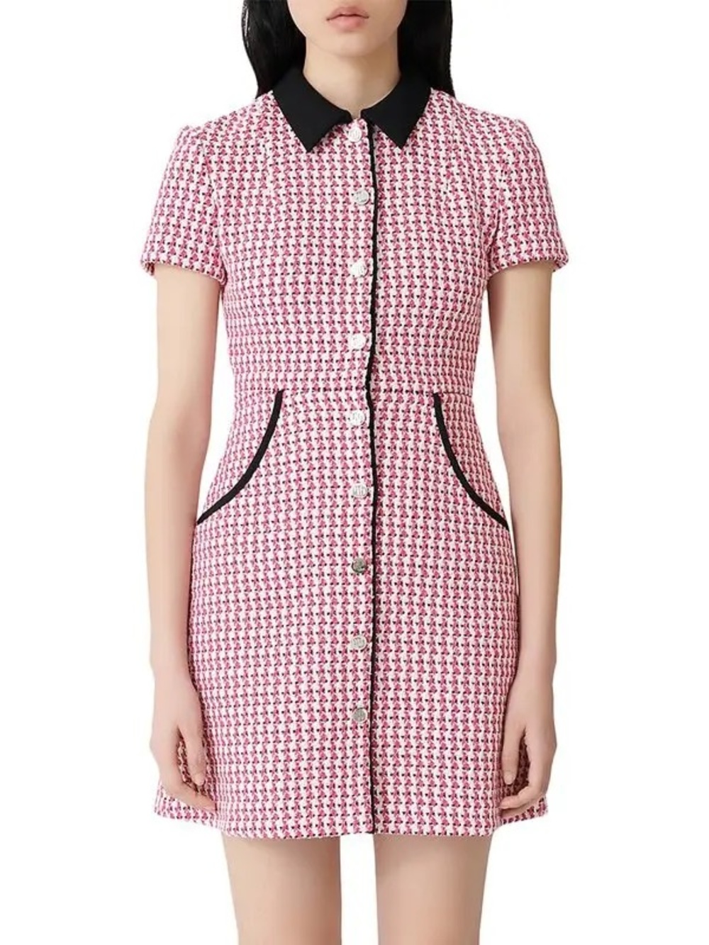 MAJE Pink Black Trim Renatya Short Sleeve Collared Snap Mini Tweed Shirtdress